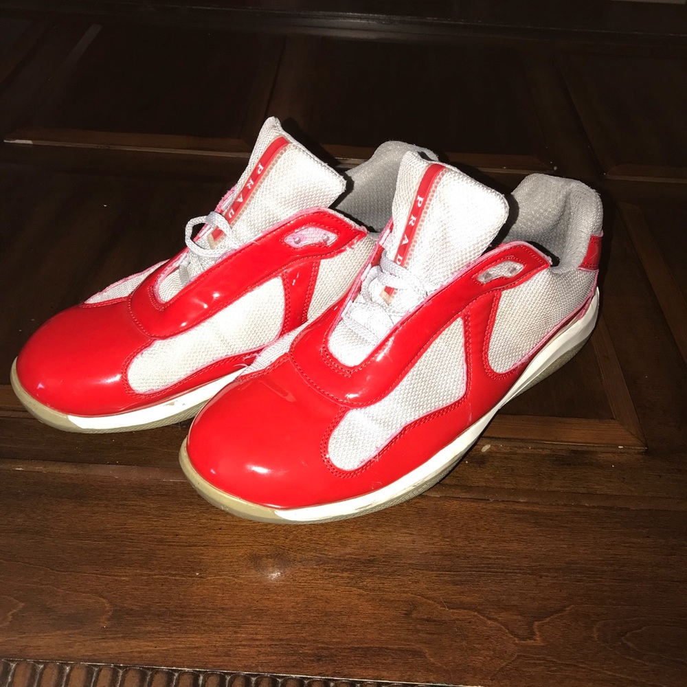 Beautiful authentic red and grey Prada sneakers